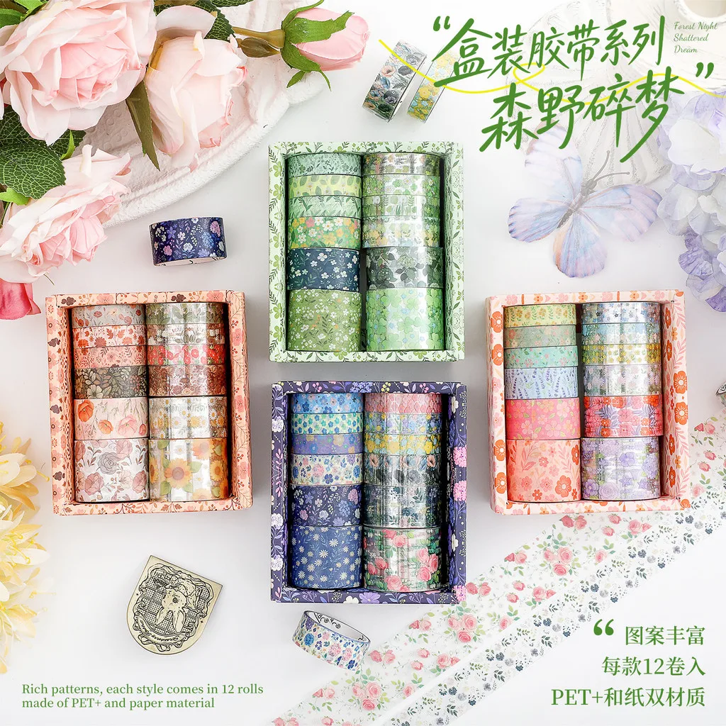 Journamm 12rolls Flower PET Tape Stickers Washi Paper Tape Stickers Diy Scrapbooking Diary Album Collage Material Craft Supplies