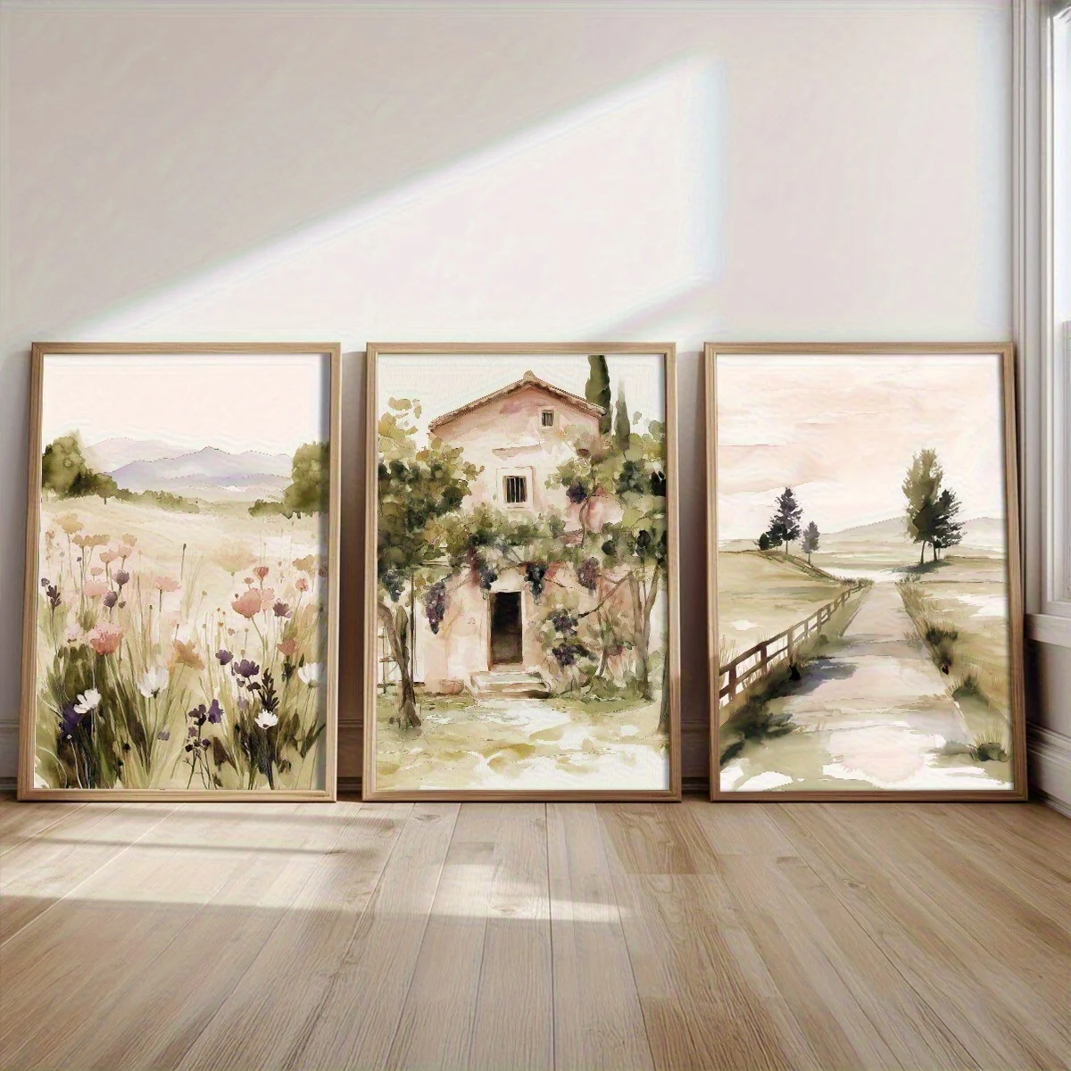 2D Flat, 2D Flat, Set of 3 Watercolor Wall Paintings Depicting Spring Rural Landscapes, Featuring Country Paths, Farmhouses,