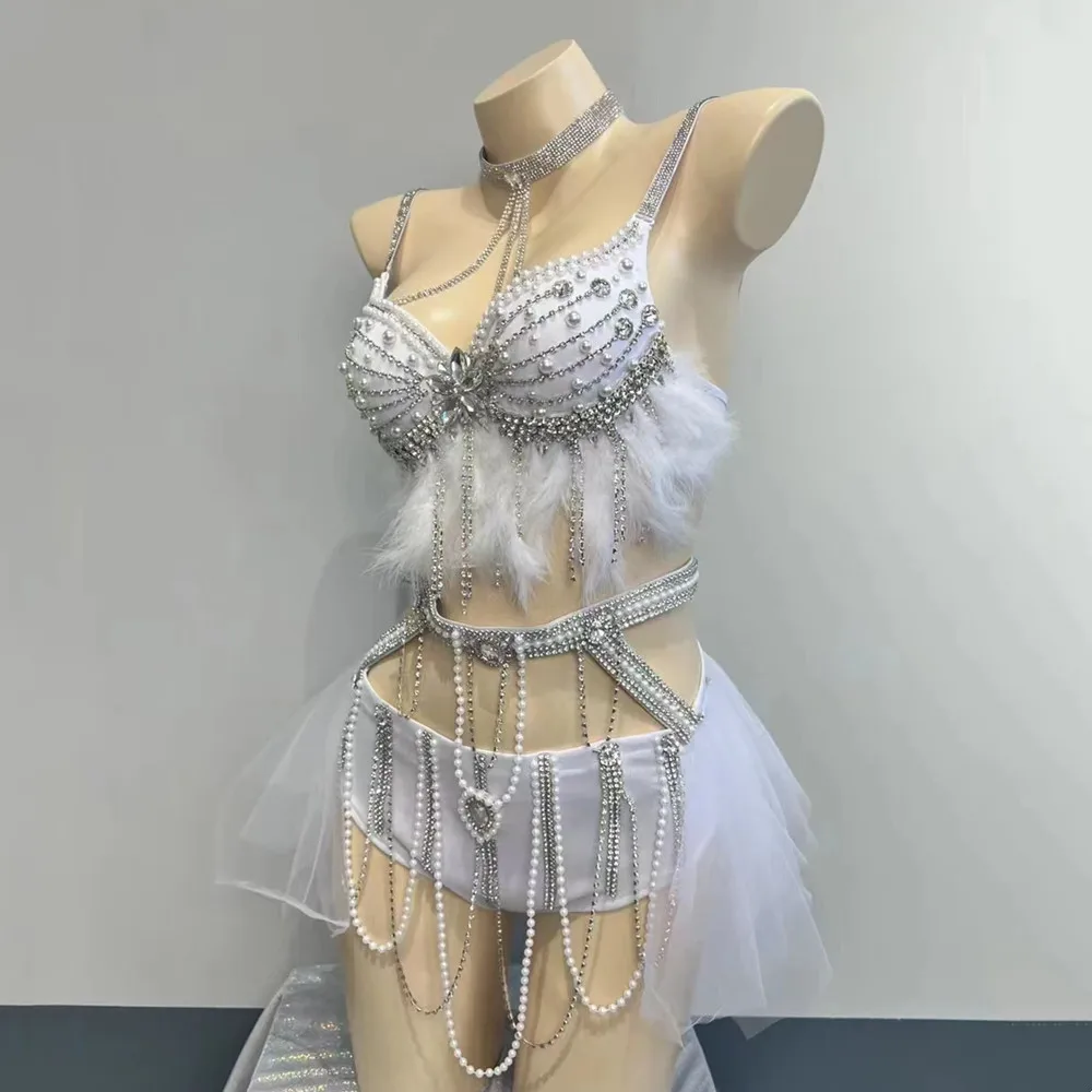 

Sexy White Feather Beading Gauze Bikini Stage Wear Bar Nightclub Party Show Rave Outfit Music Festival Performance Dance Costume