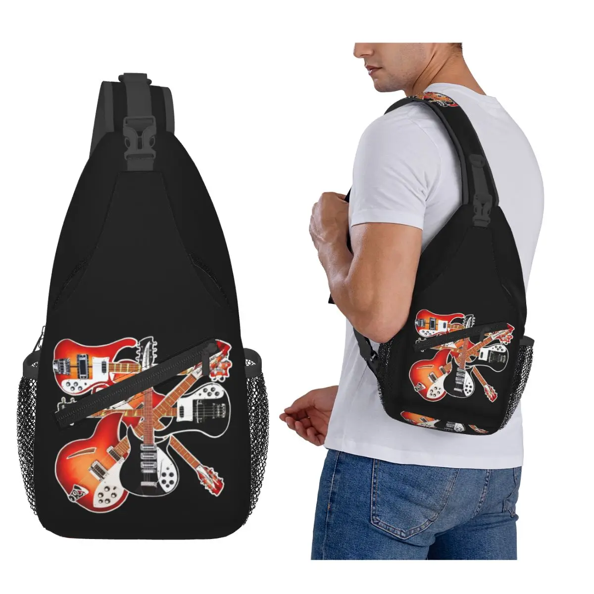 

Rickenbacker Guitar Celebration Abstract Art Collage Chest Bag Men Sling Crossbody Backpack Chest Bag Daypack Shoulder Bag