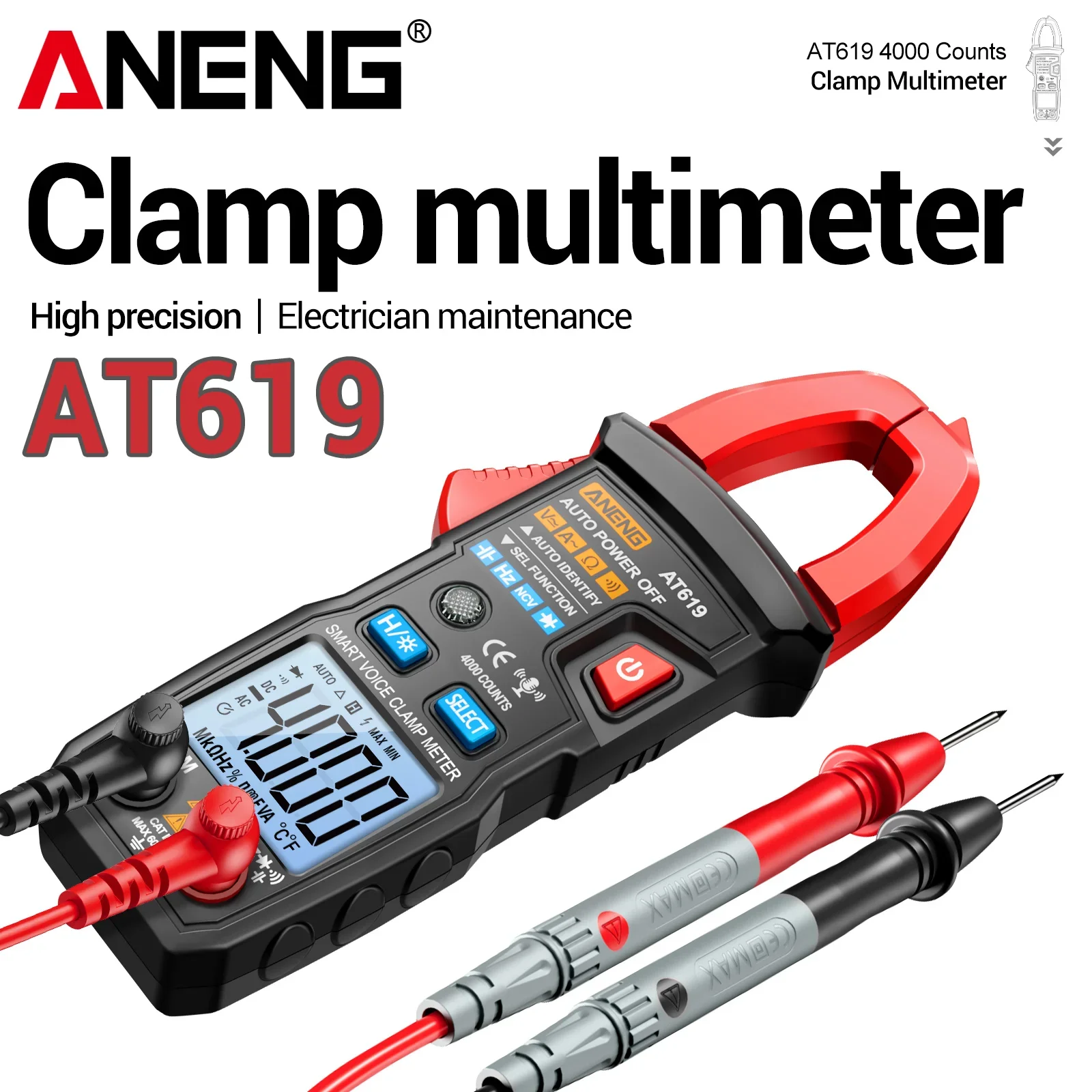 ANENG AT619 Digital Clamp Meter 4000 Counts AC DC 600A Voice Broadcast NCV Voltage Induction Backlit Electrician Measuring Tool