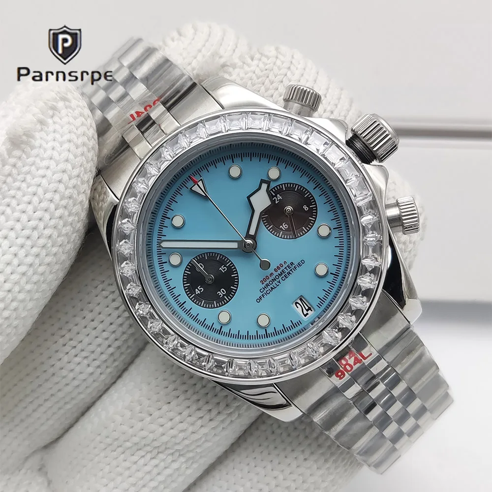 

PARNSRPE 39 мм кварцевые часы с хронографом VK64 для мужчин с сапфировым стеклом светящийся юбилейный браслет 50 м водонепроницаемый