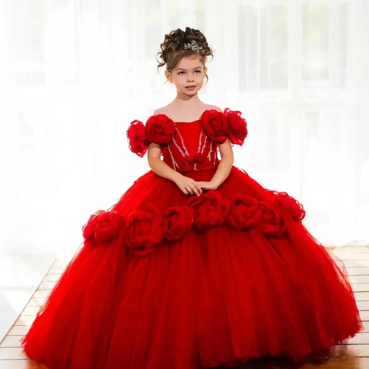فستان فتاة الزهور من التول الأحمر مكشوف الأكتاف فستان فتاة الزهور أول عيد الميلاد لحفلات الزفاف الزي فساتين اطفال سيهرة بن