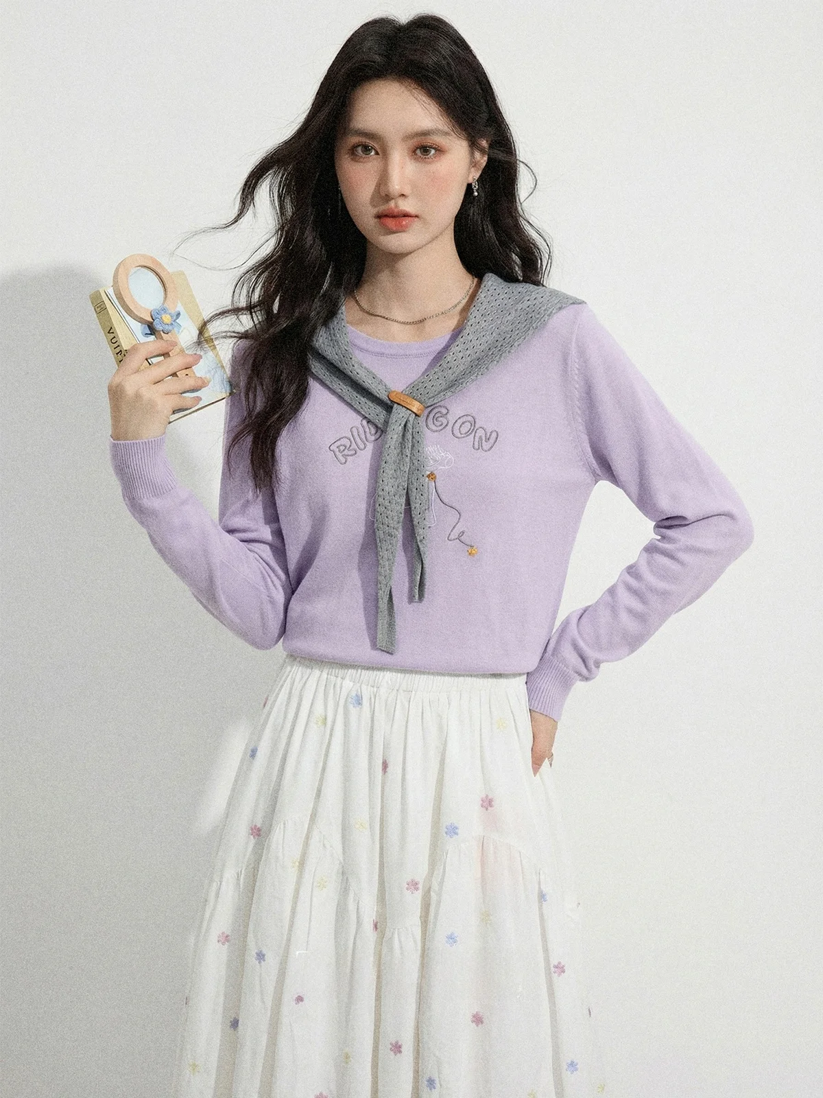 

Elegant Korean Style Women's Knitwear round Neck Long Sleeve Purple Top Slimming Beautiful Spring Fashion Z22111 Casual Wear