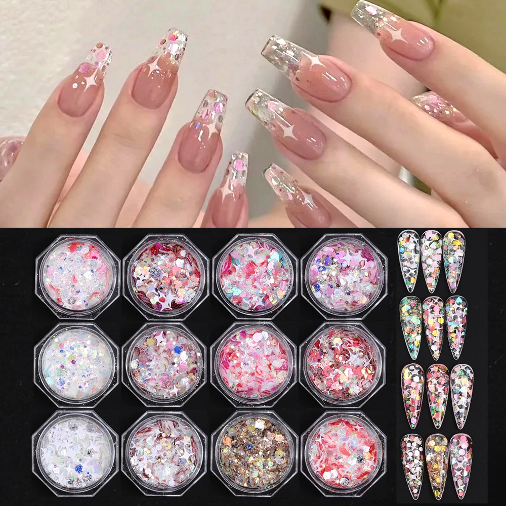 12 pz/set Olografico Y2K Stella Glitter Per Unghie Paillettes Lucido Dolce Amore Cuore Scintillante Fiocchi Paillette Accessori di San Valentino