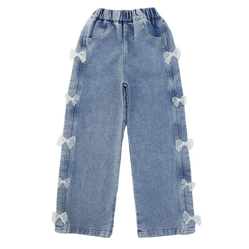 Jeans de perna larga infantil com estampa de borboleta, calças soltas para adolescentes, roupas de meninas, roupas infantis, 14Y