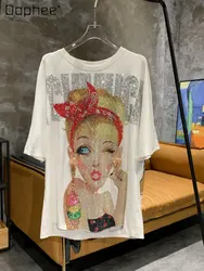 Light Luxury Fashion Girl's Rhinestone Sweet High Heels Mid-Length Top 2023 Summer New Round Neck Short Sleeve White T-shirt