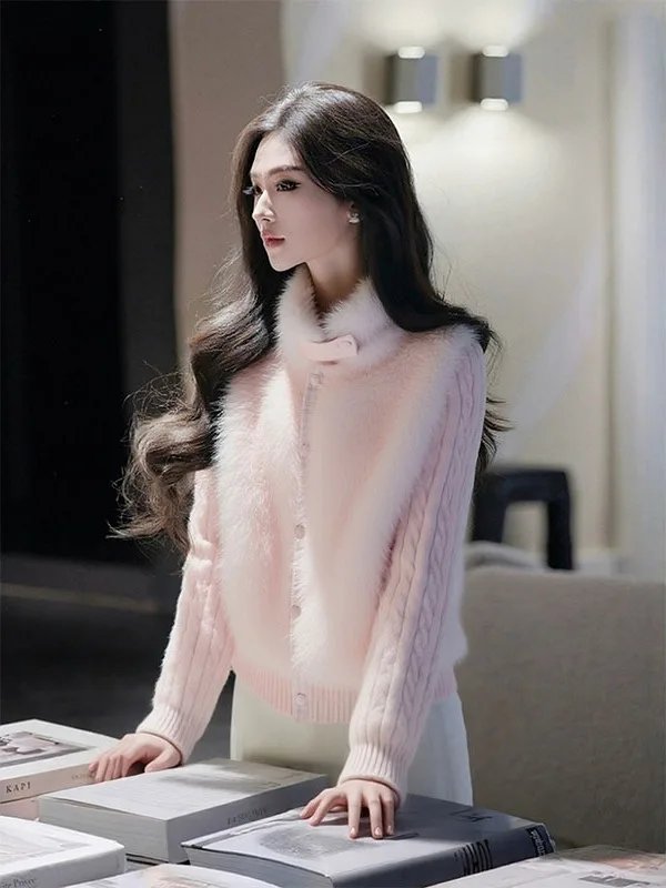 

Розовая вязаная куртка в стиле пэчворк, утепленная, с утяжкой на талии, укороченный топ для женщин, корейский стиль, большие размеры, зимняя верхняя одежда