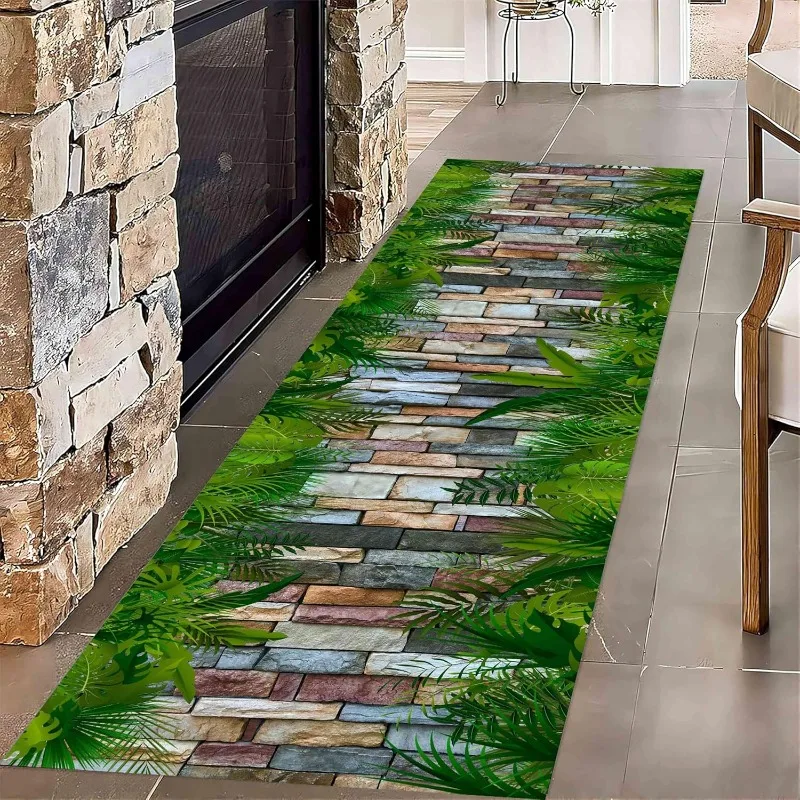 Alfombra de corredor de camino de piedra 3D, diseño de planta verde Tropical, alfombra de pasillo, alfombra antideslizante absorbente para decoración de sala de estar y dormitorio