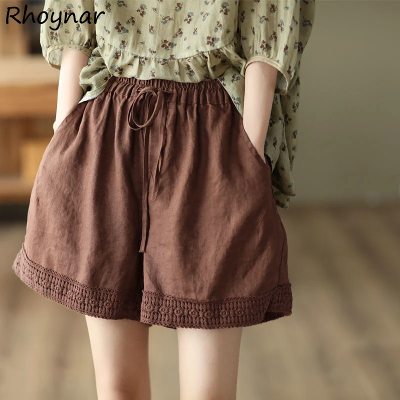 Summer Shorts Women Korean Style Hollow Out Solid Soft Cotton Linen Loose Simple Casual Drawstring Straight Lace Elastic Waist