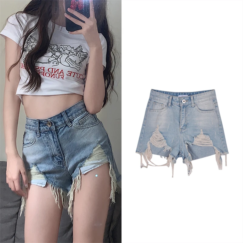 

Синие джинсовые шорты с высокой талией и рваными элементами, женские летние шорты-клеш с эффектом стройности, повседневные шорты