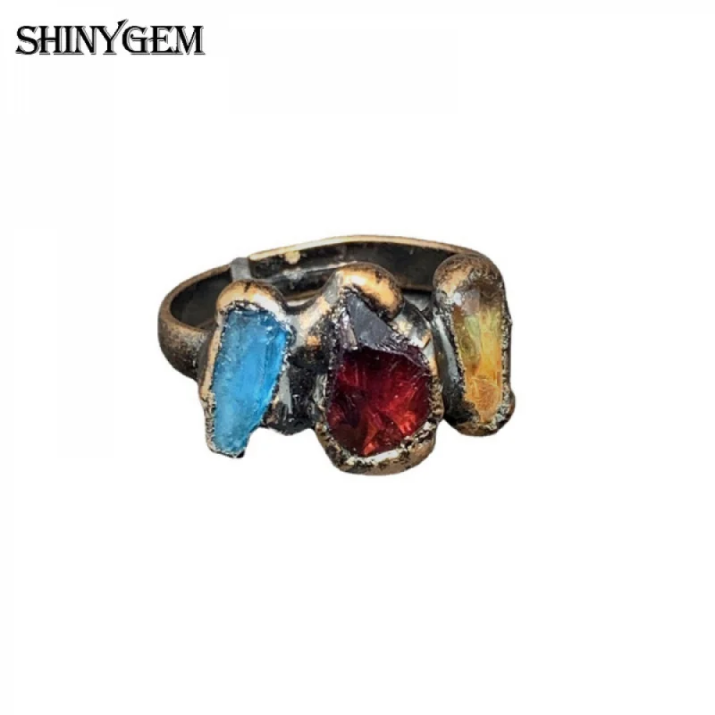SHINYGEM ثلاثة حجر طبيعي خام غير منتظم مصنوع يدويًا بحواف برونزية قوطية خاتم مجوهرات أنيق هدية #5
