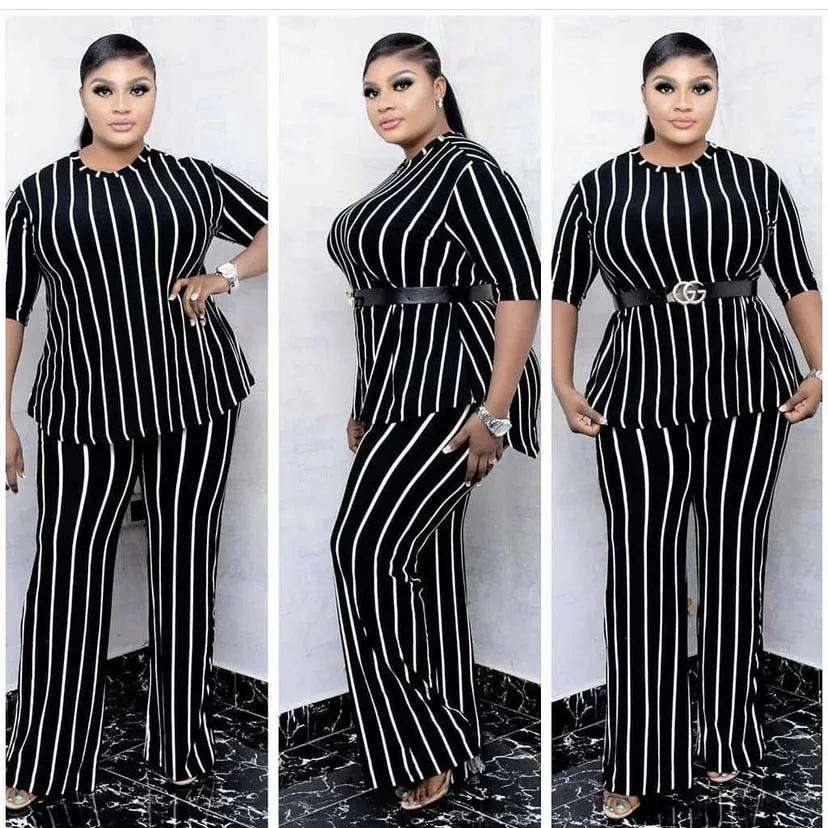 

Summer Fit Casual Slimming Print Stripe Short Sleeved T-Shirt Paired With Loose Wide Leg Pants 2-Piece Set