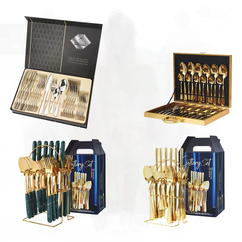 

Роскошный легкий набор столовых приборов из нержавеющей стали из 24 предметов в стиле ретро — нож, вилка, ложка с золотой подарочной коробкой и бытовым хранилищем