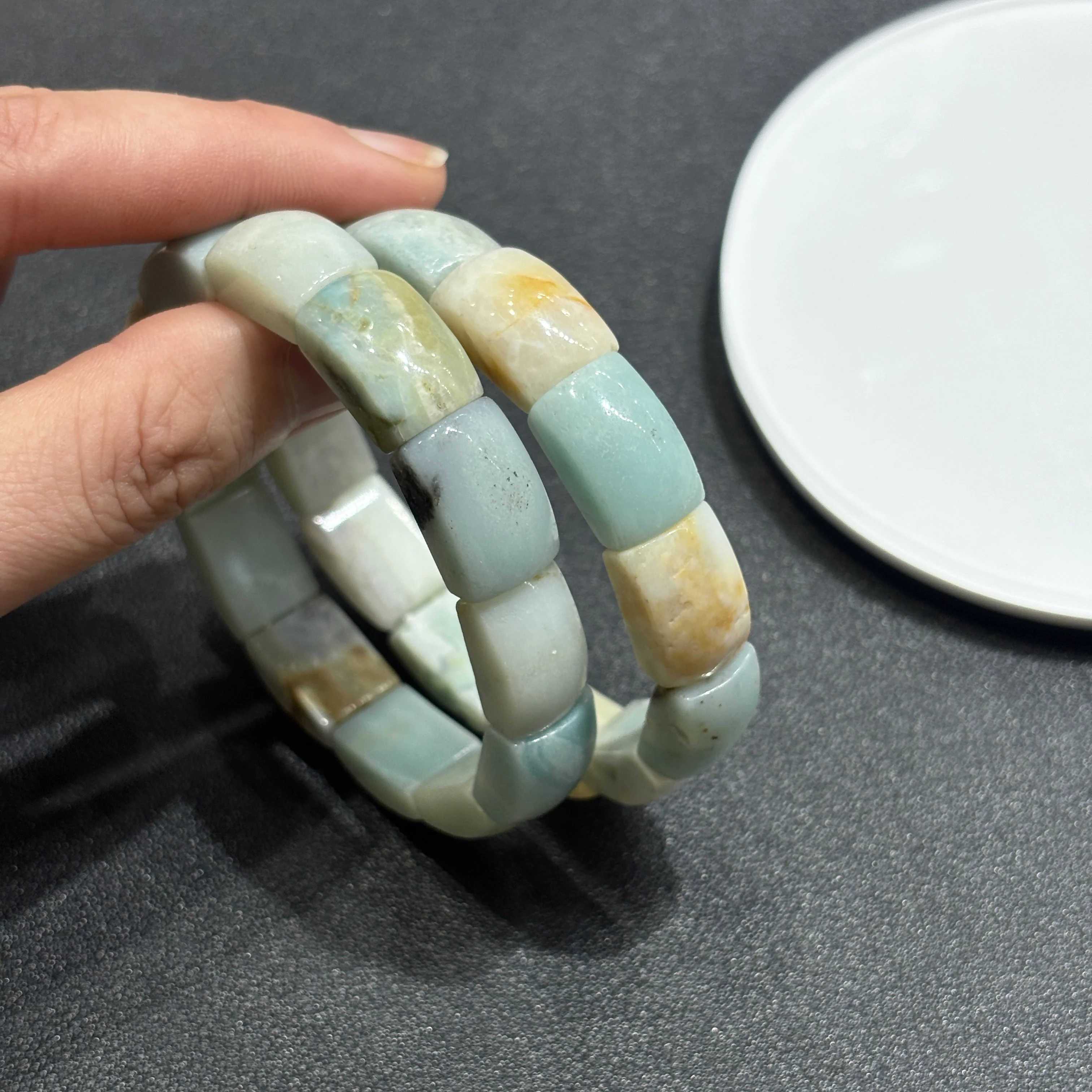 

Natural Caribbean Calcite Smooth Square Tablet Bead Bracelet,Handmade Aesthetic Pattern Jewelry,Minimalist Style Gift for Girls