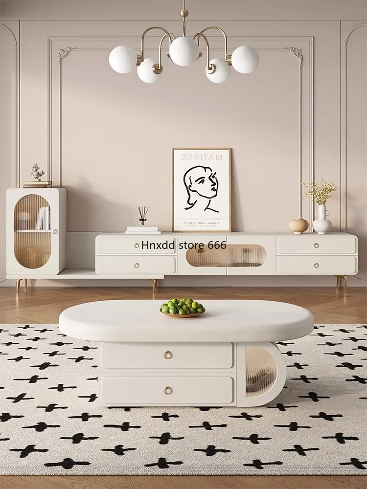 French cream wind TV cabinet coffee table combination can be pulled and retractable image 2