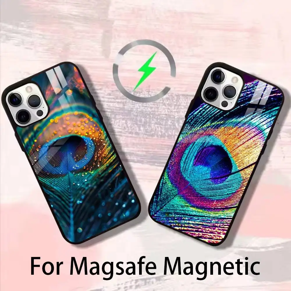 

Peacock Feathers Phone Case For iPhone 17 16 15 14 13 12 Pro Max Plus for Magsafe Mirror Wireless Magnetic Cover