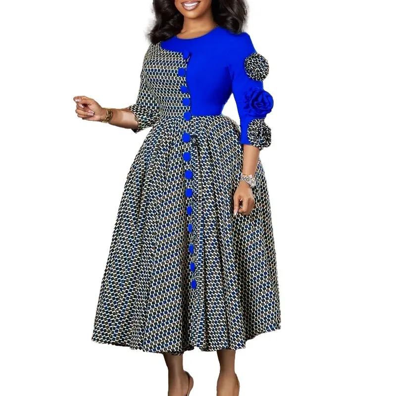 

Elegant Dress Women for Wedding Party Autumn Fashion 3/4 Sleeve O-neck Evening Long Dress Dashiki African Clothes Women Outfits