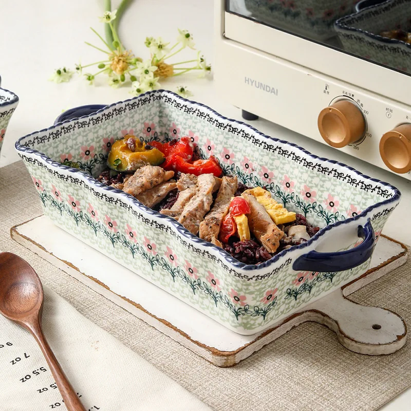 

DSA binaural baking pan ceramic tableware baking pan small flower tableware binaural soup bowl large vegetable dish