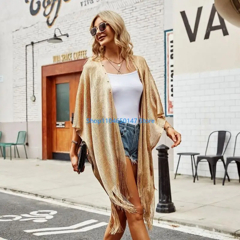 Womens Clothing Tassel Long Swimsuit Cover Up Summer Open Front Perspective Shawl Beachwear Cardigan Swimwear Cover-ups