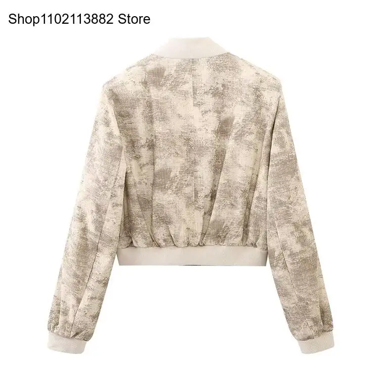Spring and Autumn Fashion Printed Short Jacket Women\'s Retro Long Sleeve Pocket Coat Casual