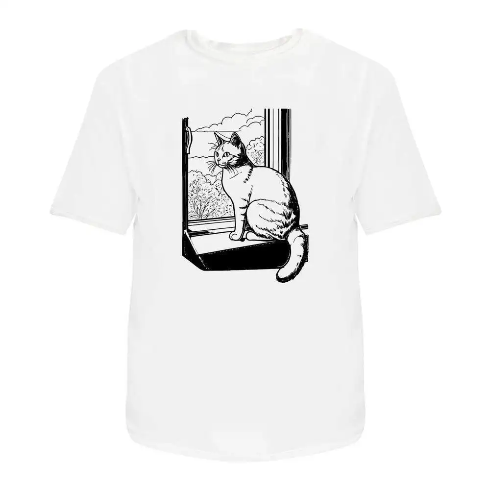 Cat Perched on a Windowsil' Cotton T-Shirts   Anime Graphic T-shirts for Men Clothing Women