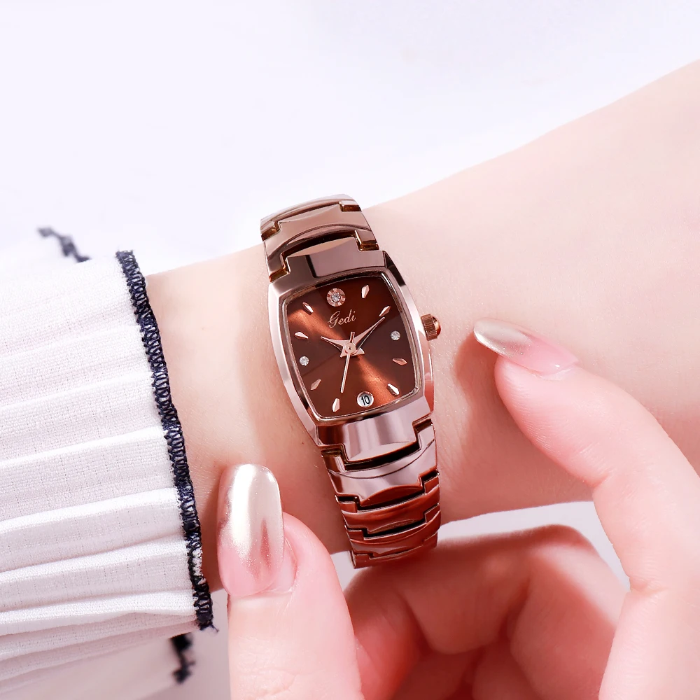 GEDI Rectangular Quartz Wrist Watch for Women Luxury Rhinestone Scale Stereoscopic Glass Auto Date Waterproof Ladies Watches