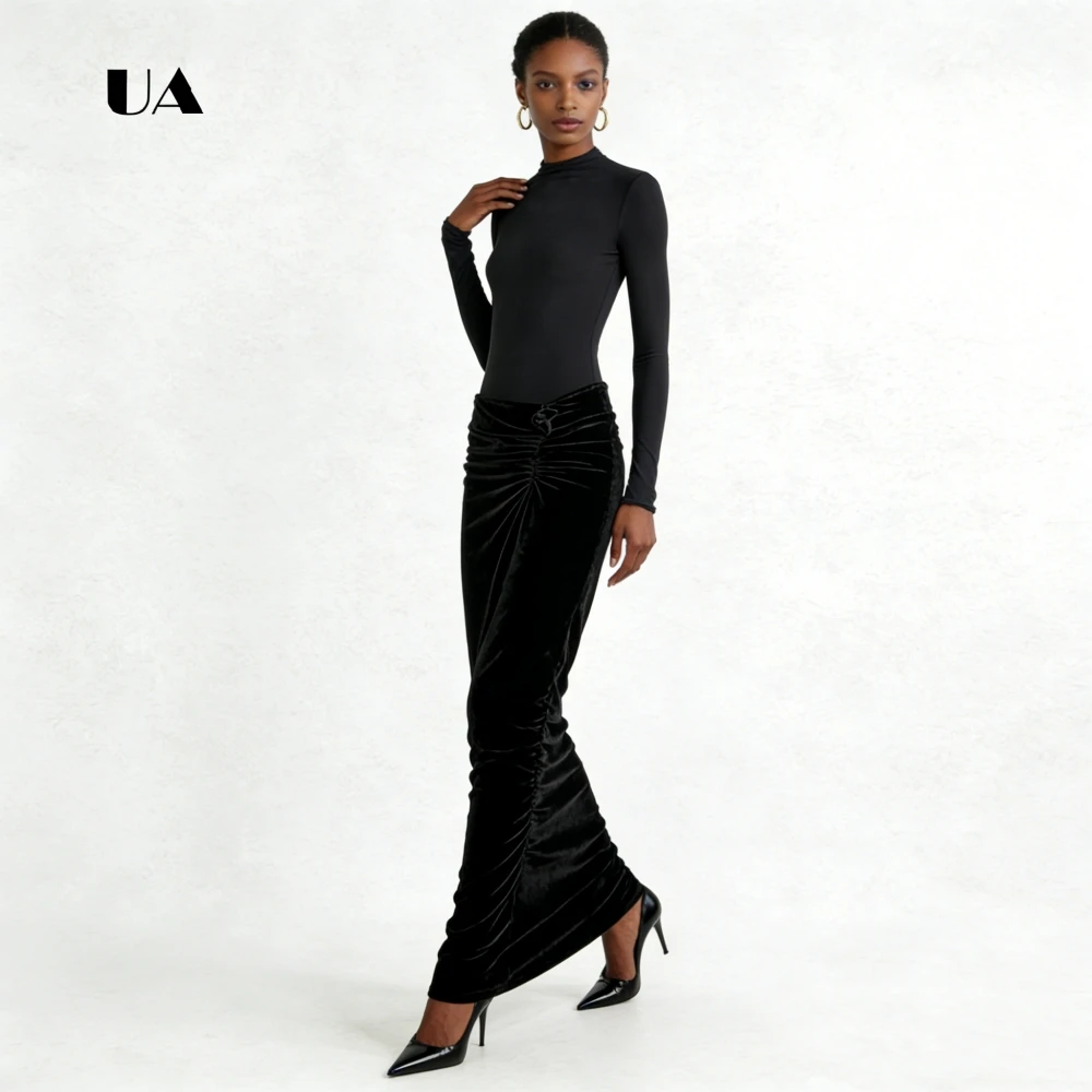 ULBYANRY ラッフルベルベットシースプロムドレス、長袖、ソリッドハーフハイネック、3Dフラワーイブニングドレス、カスタマイズされたパーティードレス