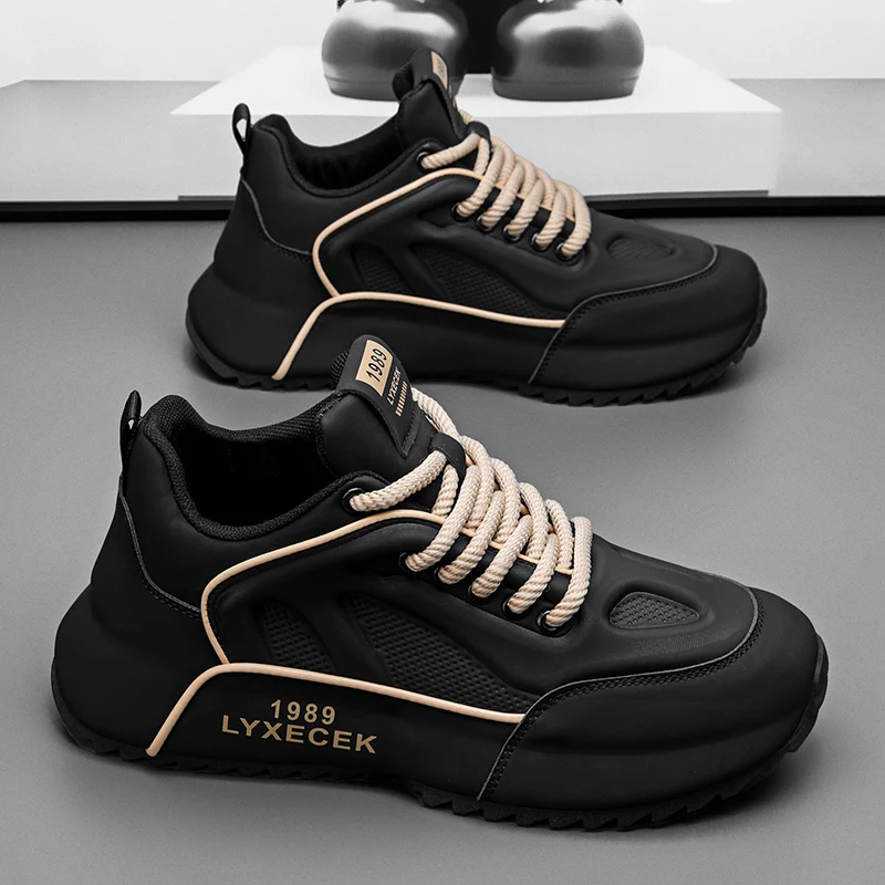 

2025 Spring Men's Sporty Dad Shoes Casual All-Match Running Increase Height Black Board Shoes Synthetic Leather Mesh