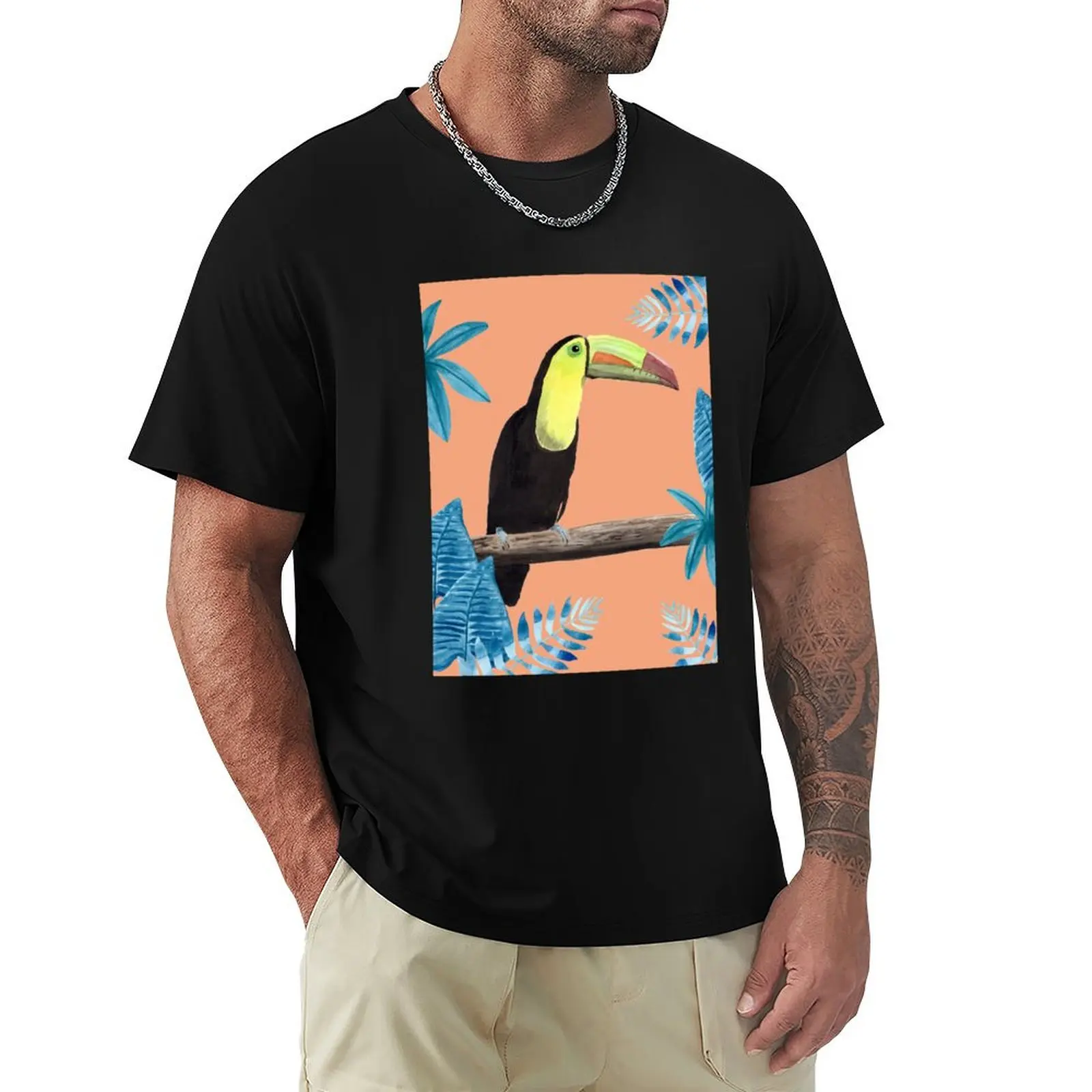 

Toucan with tropical leaves and coral background T-Shirt Man t-shirt customs design your own sublime cotton t shirt men