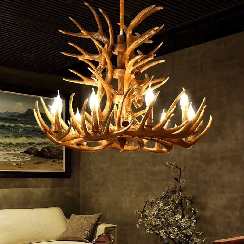 American Countryside Retro Resin Chandelier Living Room Villa Dining Table Lighting Restaurant Cafe Decor Deer Horn Hanging Lamp