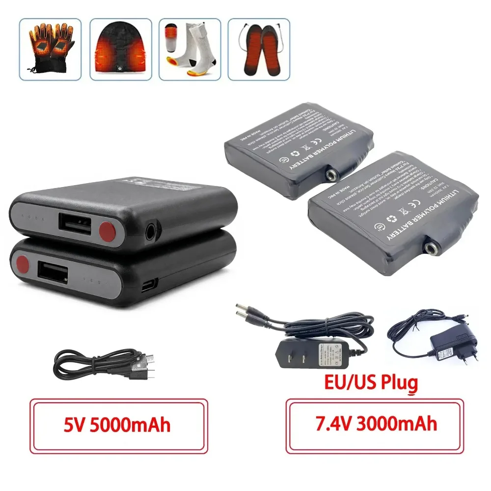 Winter-Batterien für beheizte Socken, 5 V, 5000 mAh, 7,4 V, 3000 mAh, Li-Polymer-Akku für warme Handschuhe, Kleidung, Hut, Ladegerät, Powerbank