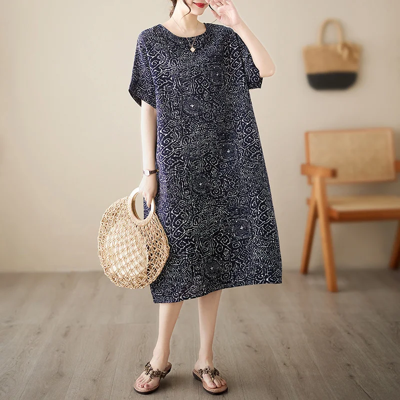 #3438 Retro Cotton And Linen Dress Women Pockets Loose Midi Dress Female Short Sleeve O-neck Vintage Long T-shirt Dresses Ladies