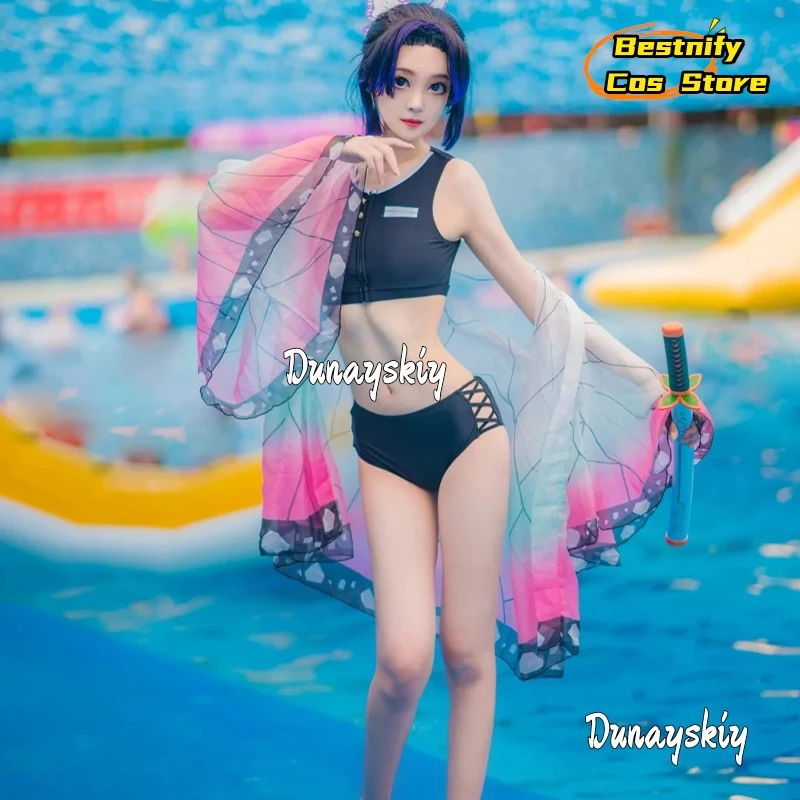 CosplayAnime Kimetsu No Yaiba mariposa Endire disfraz de Cosplay dos piezas Halter cuello Bikini traje de baño Sexy traje de baño para verano
