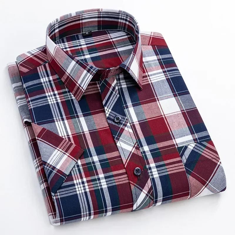 Men's 100% Cotton Plaid Short Sleeve Shirts Pocket Classic Checkered Business Casual Shirt Standard Fit Workwear Button Top