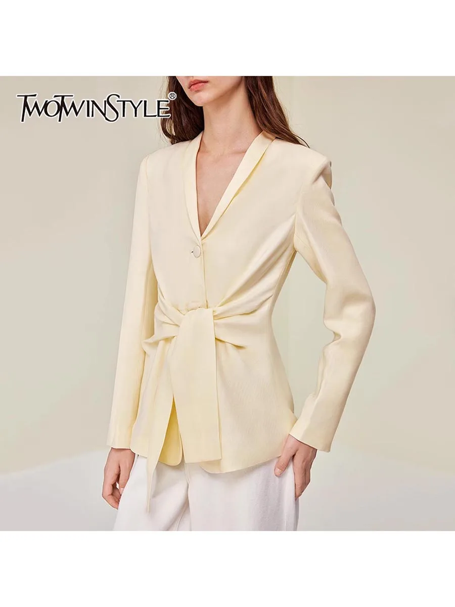 

TWOTWINSTYLE Slimming Spliced Lace Up Elegant Jackets for Women Lapel Long Sleeves Patchwork Single Breasted Jacket Female New
