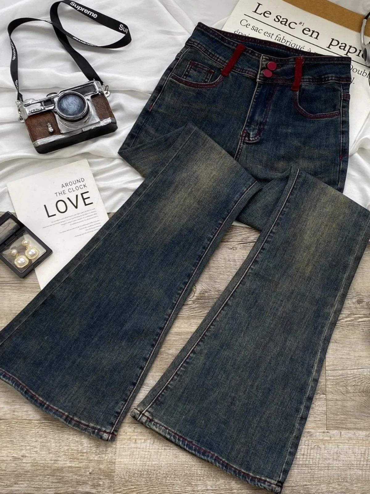 

Джинсы женские с высокой талией, расклешенные, на подкладке, брюки-клеш, весна-осень, джинсы-клеш с высокой талией, повседневные, деним