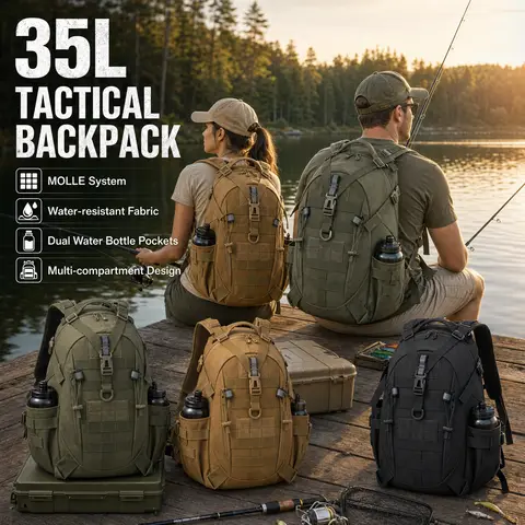 35L Tactical Fishing Backpack for Men with MOLLE System & Reflective Strip, Outdoor Hiking Rucksack with Dual Cup Holders & Compression Straps, Freshwater Saltwater Kayak River Fishing Gear Bag