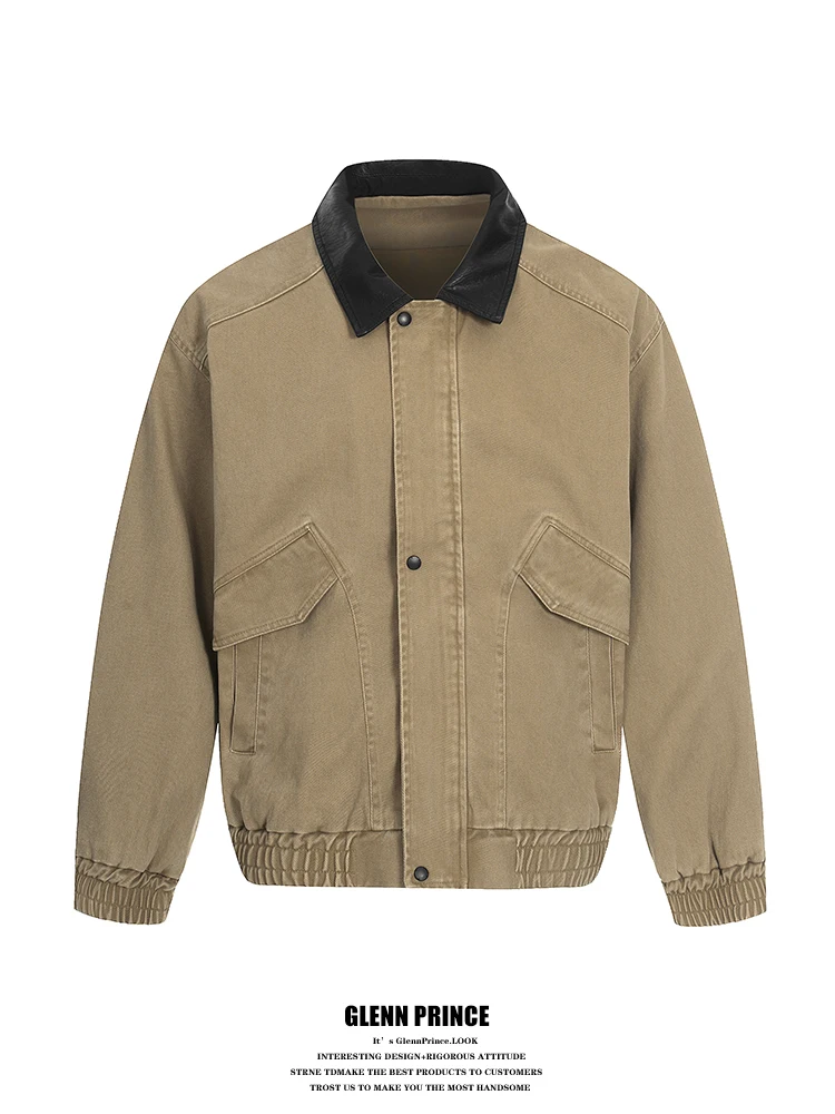 

Мужская куртка в стиле ретро с контрастным воротником из искусственной кожи, свободного кроя, для работы, весна-осень, молодежный тренд, в стиле рабочей одежды