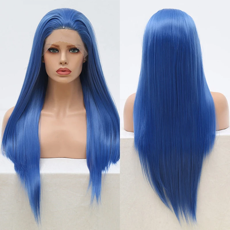 AIMEYA Natural Hairline Blue Wig Long Silky Straight Lace Front Wigs Free Part Heat Resistant Synthetic Hair Daily Use Cosplay