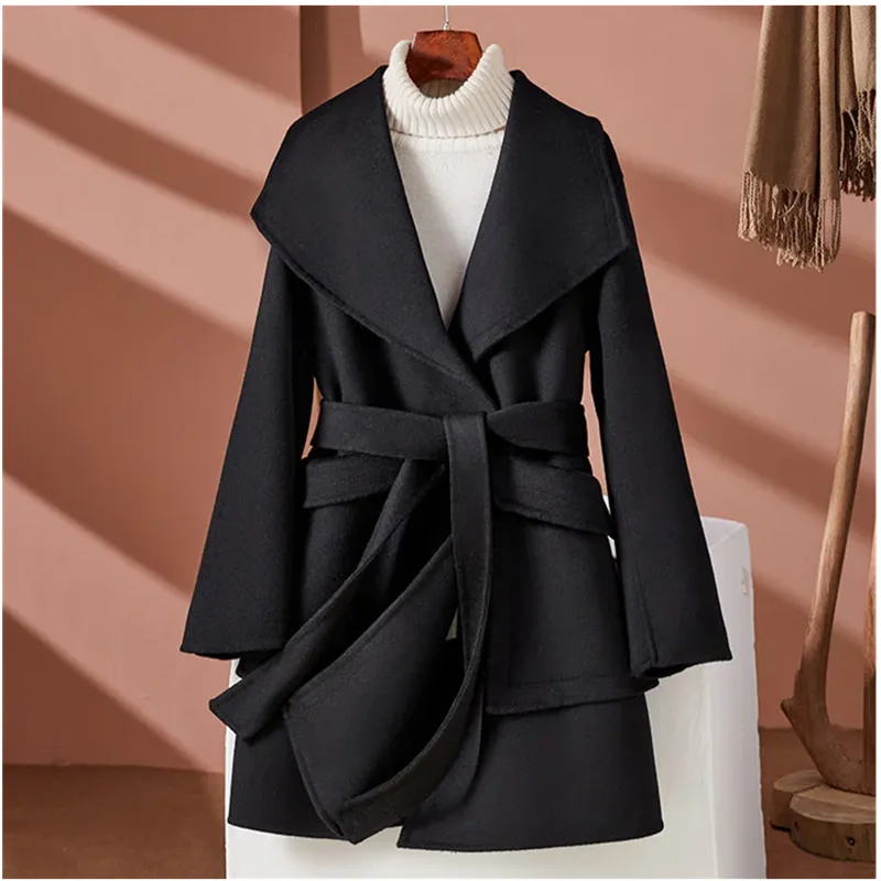 2025 Autumn Winter New Wool Woolen Coat Women Suit Wool Overcoat Double-faced Cashmere Jackets Navy Collar Belt Outerwear