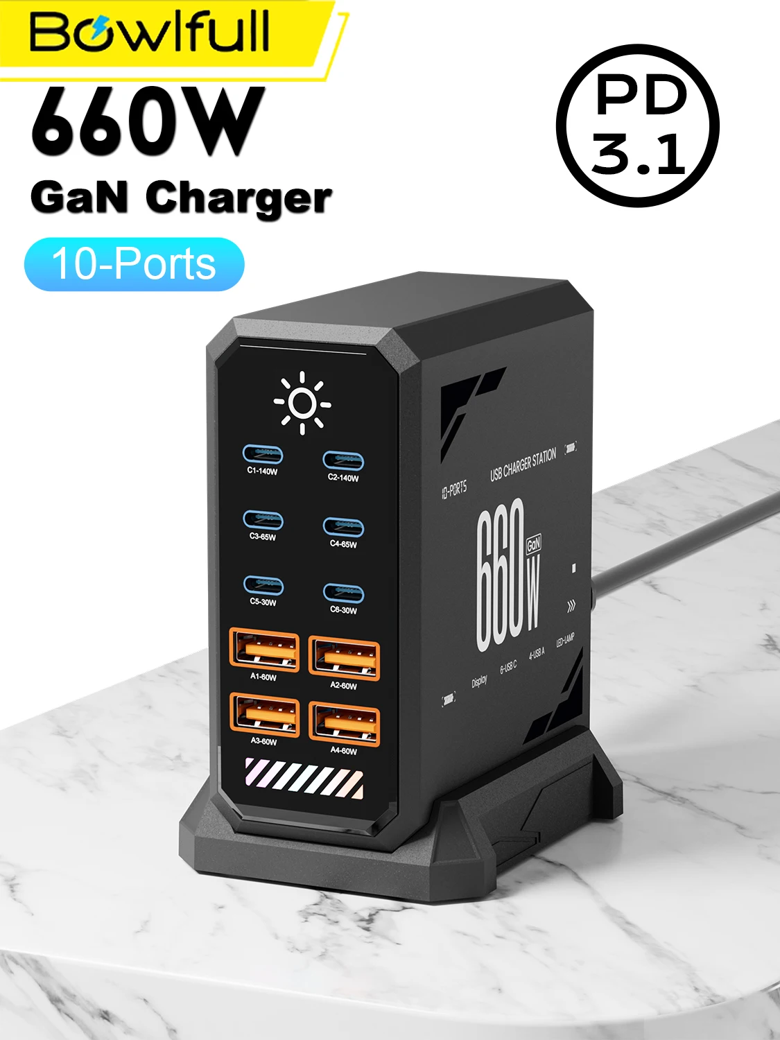 660 W GaN USB C Ladestation 10 Port Schnellladegerät Typ C PD3.1 PD3.0 PPS Schnellladegerät für MacBook Pro iPad iPhone 16 Samsung