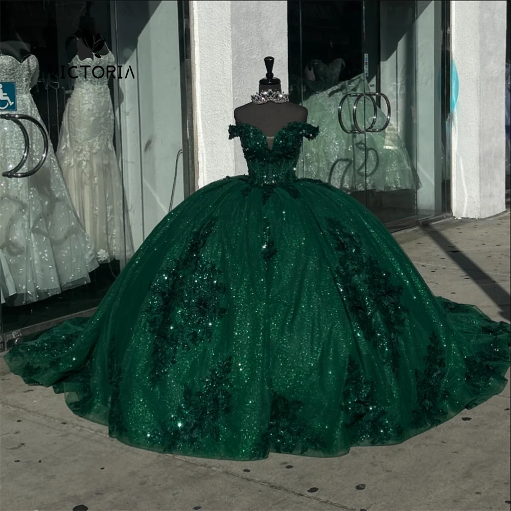 

Sparkly Dark Green 15 Years Quinceanera Dresses Beads Lace Applique Ball Gown Mexican Graduation vestidos de xv años Customized