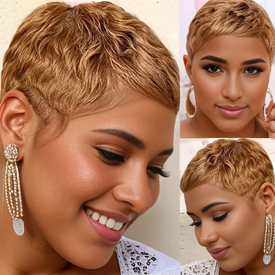 27 # /30 #   カラーピクシーカットカーリーウェーブ人毛ウィッグ 女性用 フルマシンメイドウィッグ デイリーウェア＆パーティー用 密度150% 4インチ