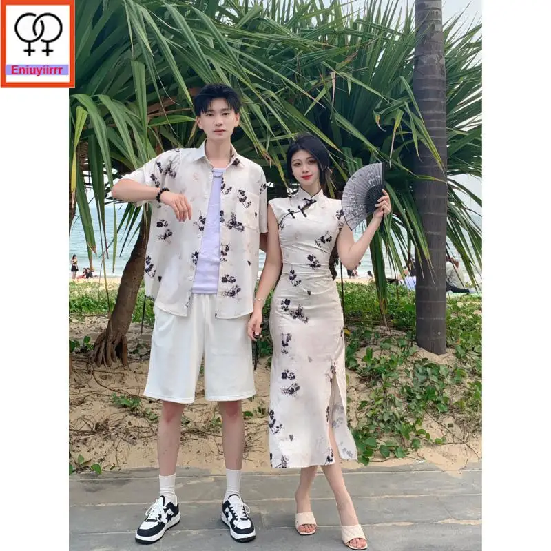 QiPao Cheongsam Dresses New 2025 Summer Sleeveless Cute Honeymoon Date Women Flower Pencil Split Slit Couple Clothes Shirt Dress