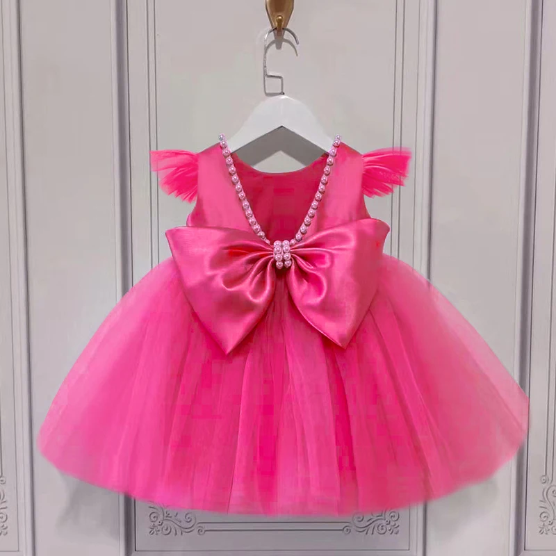 

Newborn Rose Baptism 1st Birthday Dress For Baby Girl Clothes Beading Wedding Princess Dress Girls Dresses Big Bow Party Gown