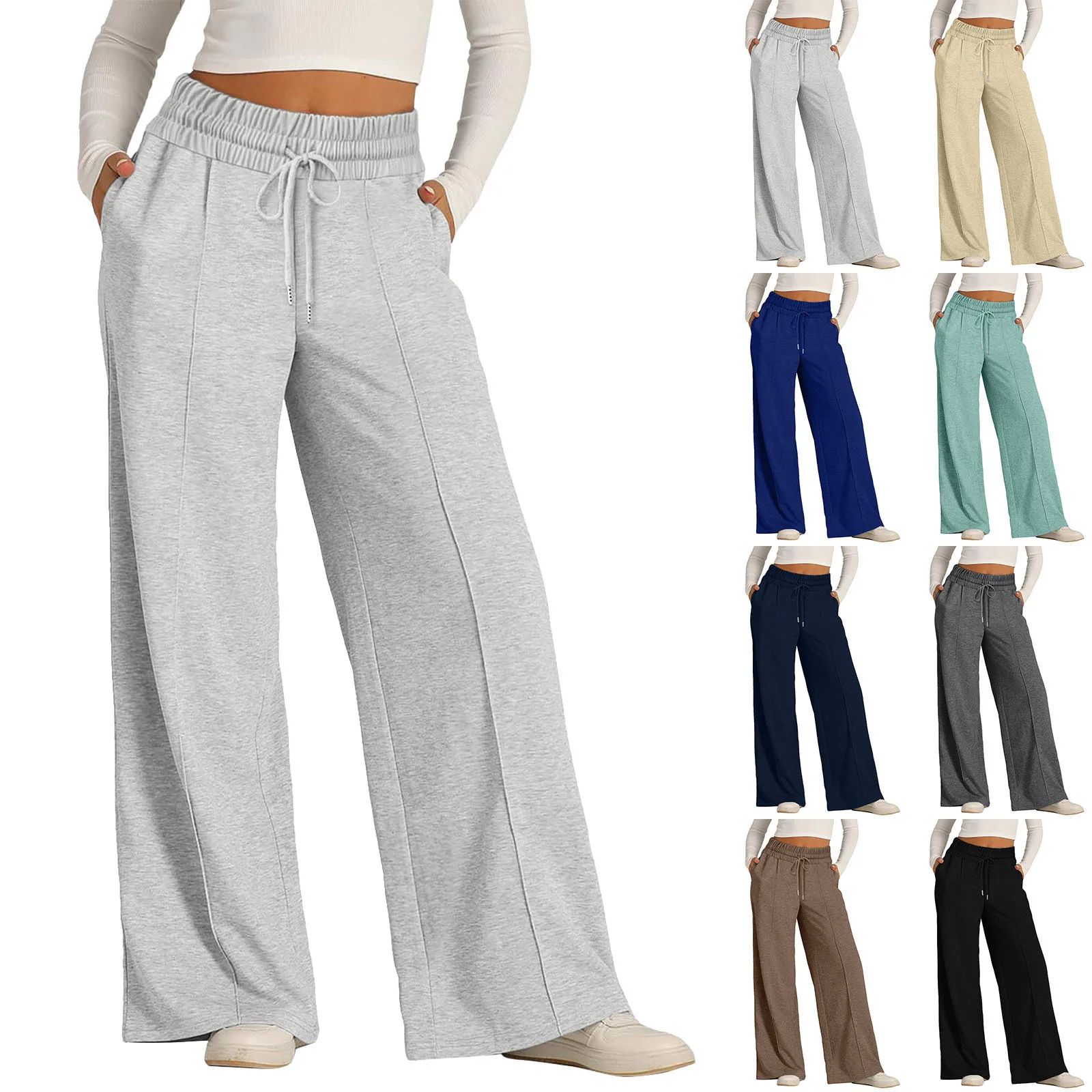 Pantalones de chándal informales cómodos para mujer, pantalones de chándal de pierna ancha con bolsillos de cintura elástica con cordón, ropa de salón deportiva