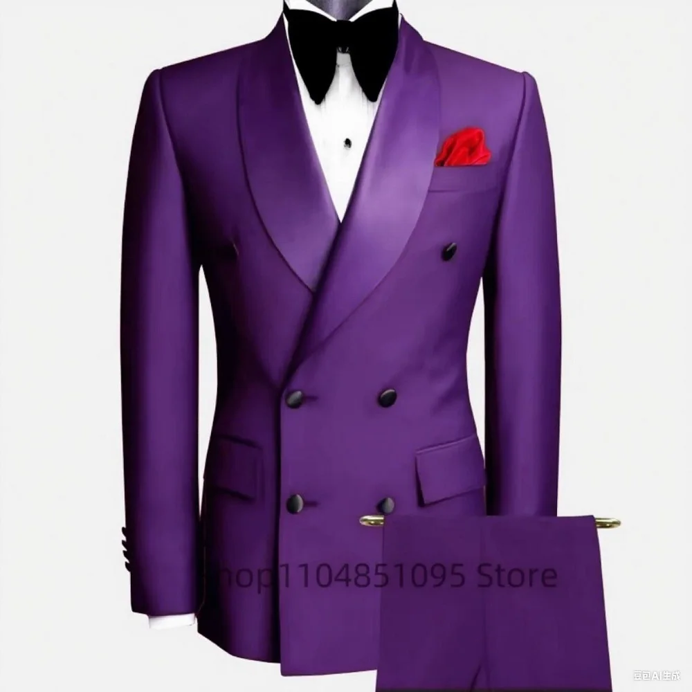 Slim Fit Double Breasted Men's Tuxedo 2 Pieces Jacket And Pant Set Best Man Groom Wedding Shawl Lapel Business Suit