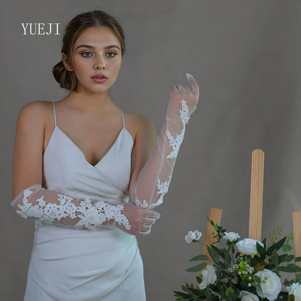 

YUEJI White Lace Embroidered Bridal Gloves Elbow Fingered Tulle Wedding Gloves Рукава Свадебные Dress Sleeves Detachable YJM13