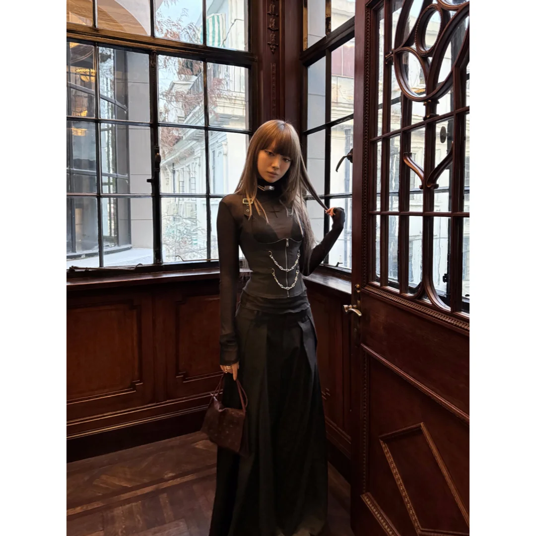 القوطية الأسود Y2k المحاصيل القمم المرأة قصيرة الأكمام Bodycon تي شيرت أبلى 2 قطعة مجموعات الملابس خمر Harajuku ثقافة فرعية تيز #4